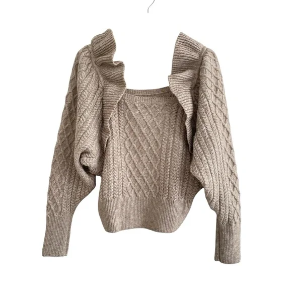 H&M Sweater Ruffle Large Cable Knit Ribbed Coquette Prairie NWT - Picture 4 of 14